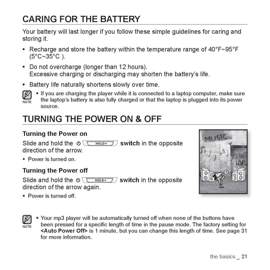 Samsung YP-T10JARY user manual Caring for the Battery, Turning the Power on & OFF, Turning the Power off 