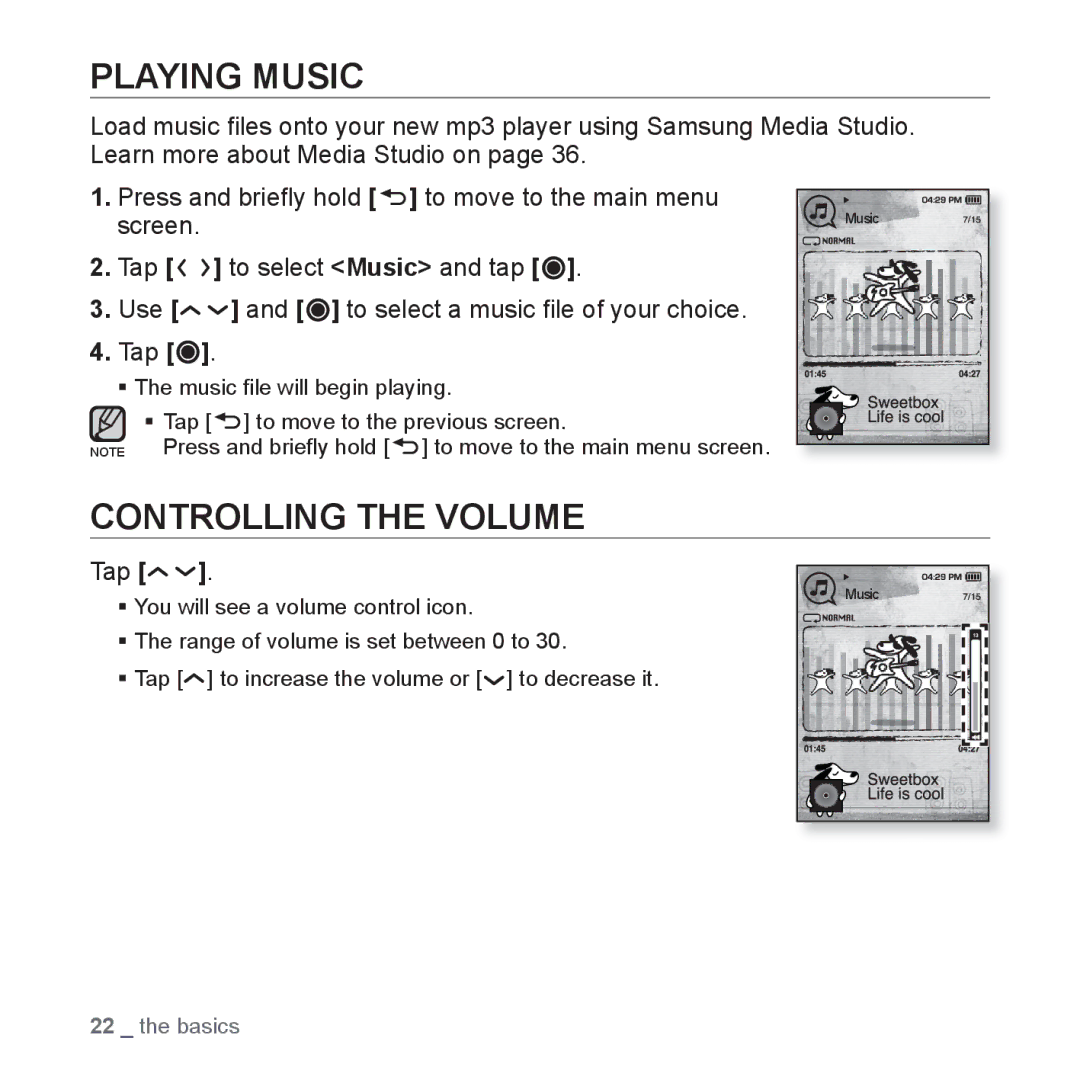 Samsung YP-T10JARY user manual Playing Music, Controlling the Volume, Tap 