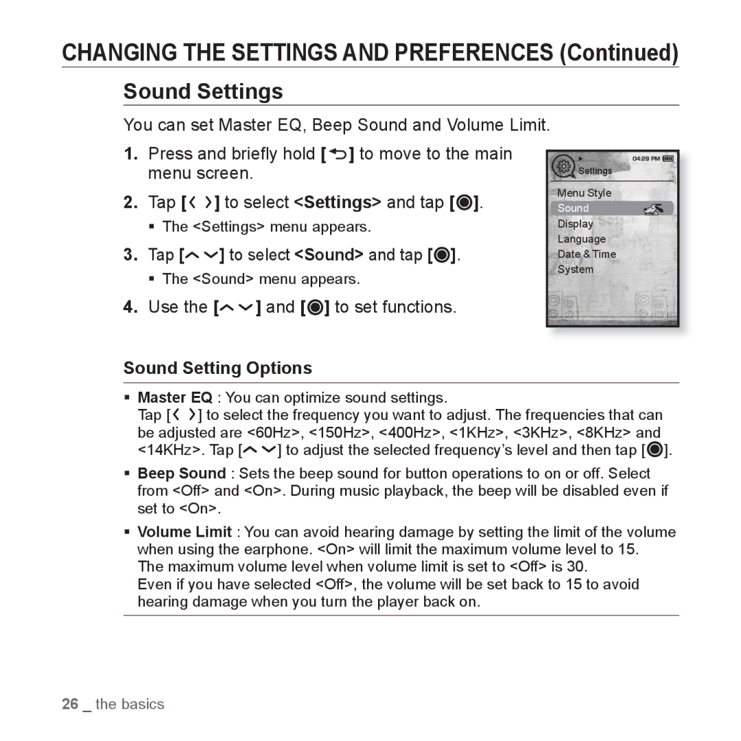 Samsung YP-T10JARY user manual Sound Settings, Tap To select Sound and tap, Use To set functions, Sound Setting Options 