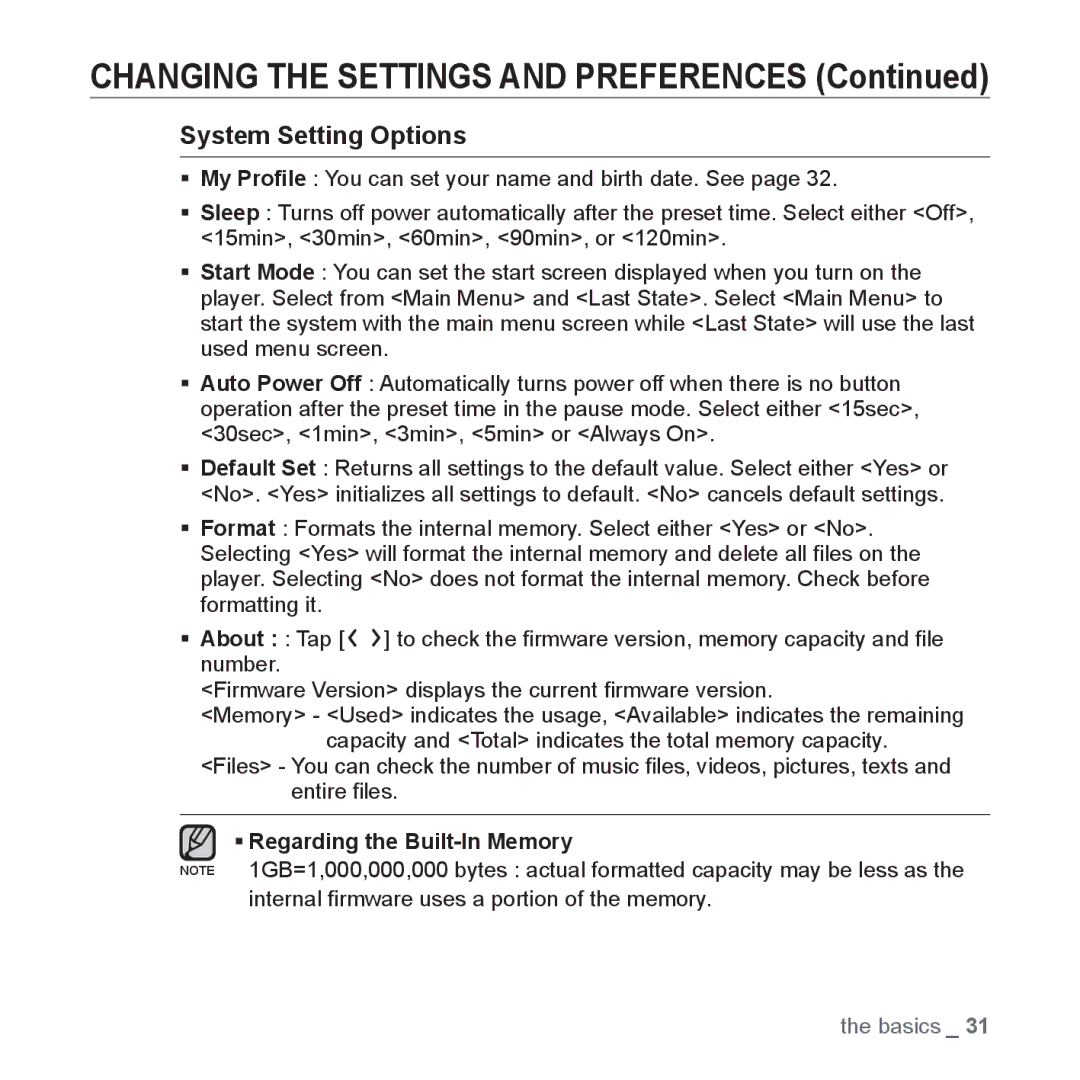 Samsung YP-T10JARY user manual System Setting Options 