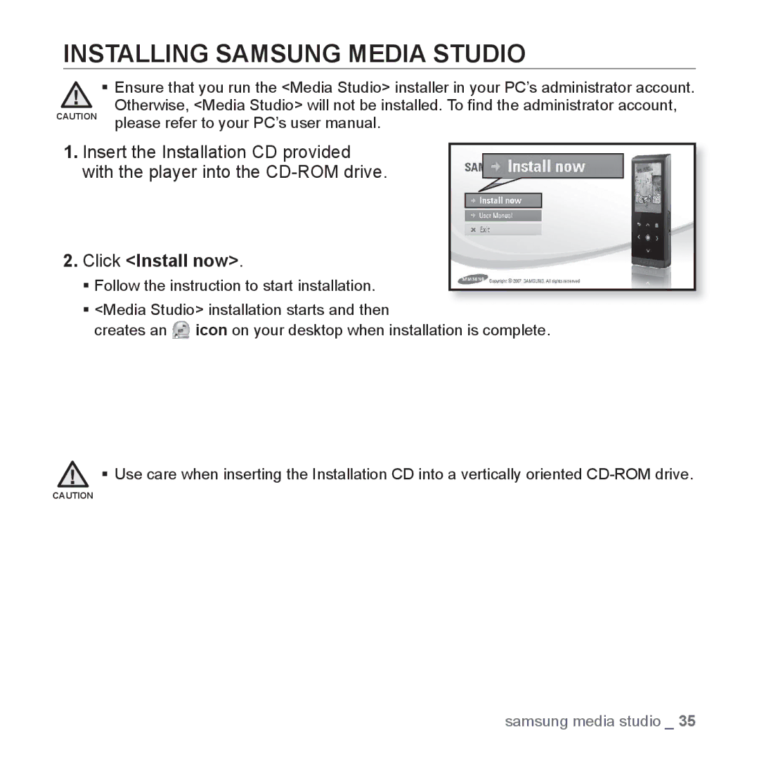 Samsung YP-T10JARY user manual Installing Samsung Media Studio, Click Install now 