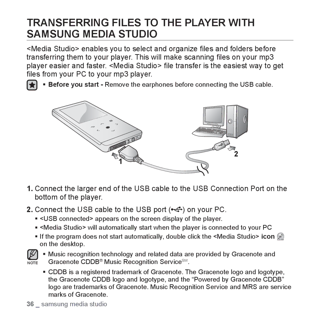 Samsung YP-T10JARY user manual Transferring Files to the Player with Samsung Media Studio 