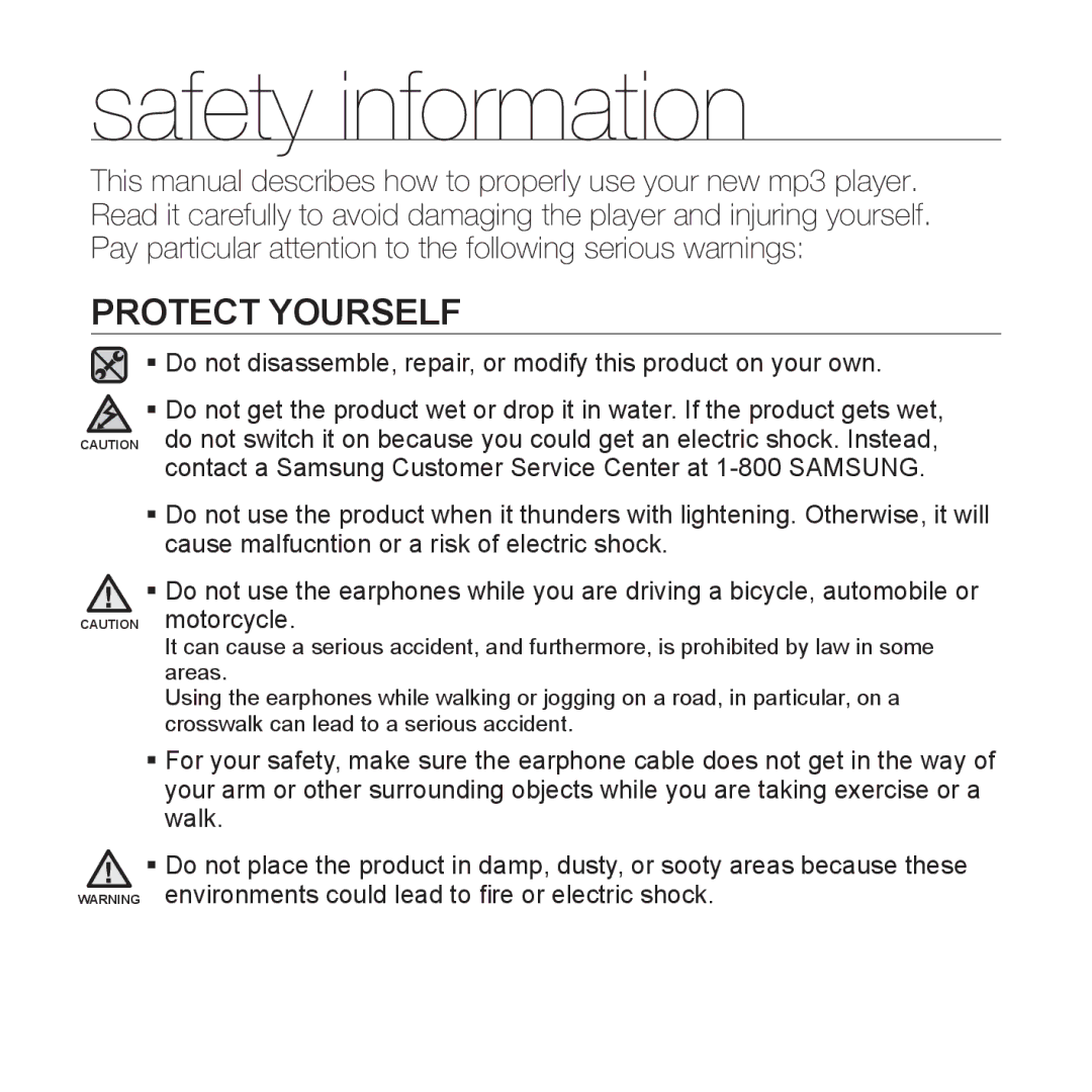 Samsung YP-T10JARY user manual Protect Yourself 