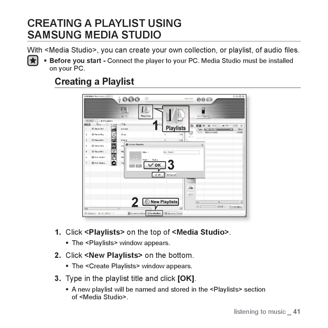 Samsung YP-T10JARY user manual Creating a Playlist Using Samsung Media Studio, Click Playlists on the top of Media Studio 