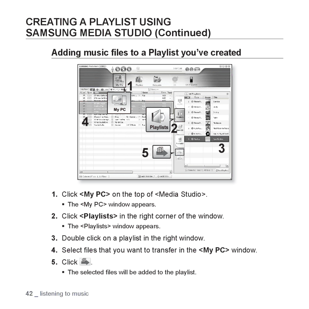 Samsung YP-T10JARY user manual Adding music ﬁles to a Playlist you’ve created, Click My PC on the top of Media Studio 