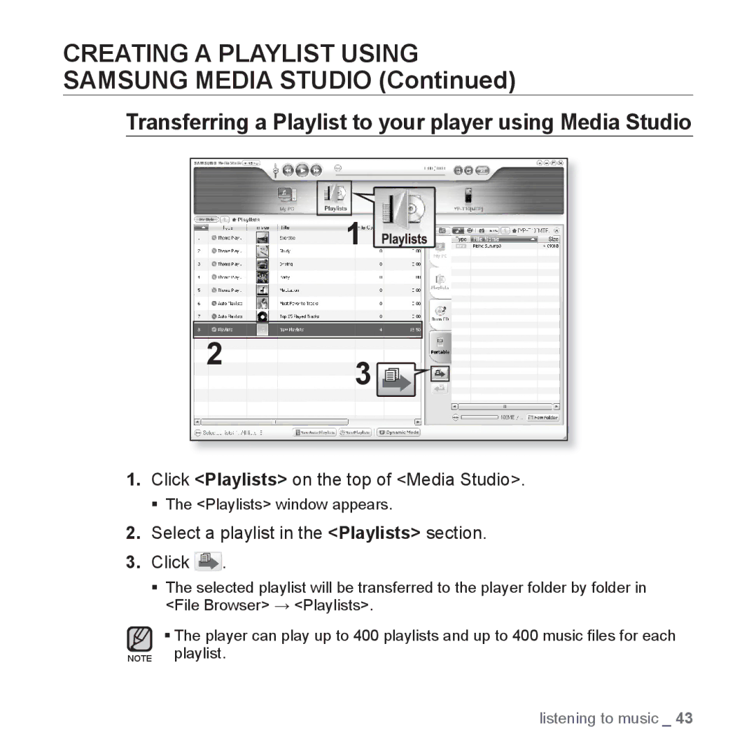 Samsung YP-T10JARY user manual Creating a Playlist Using, Samsung Media Studio, Click Playlists on the top of Media Studio 