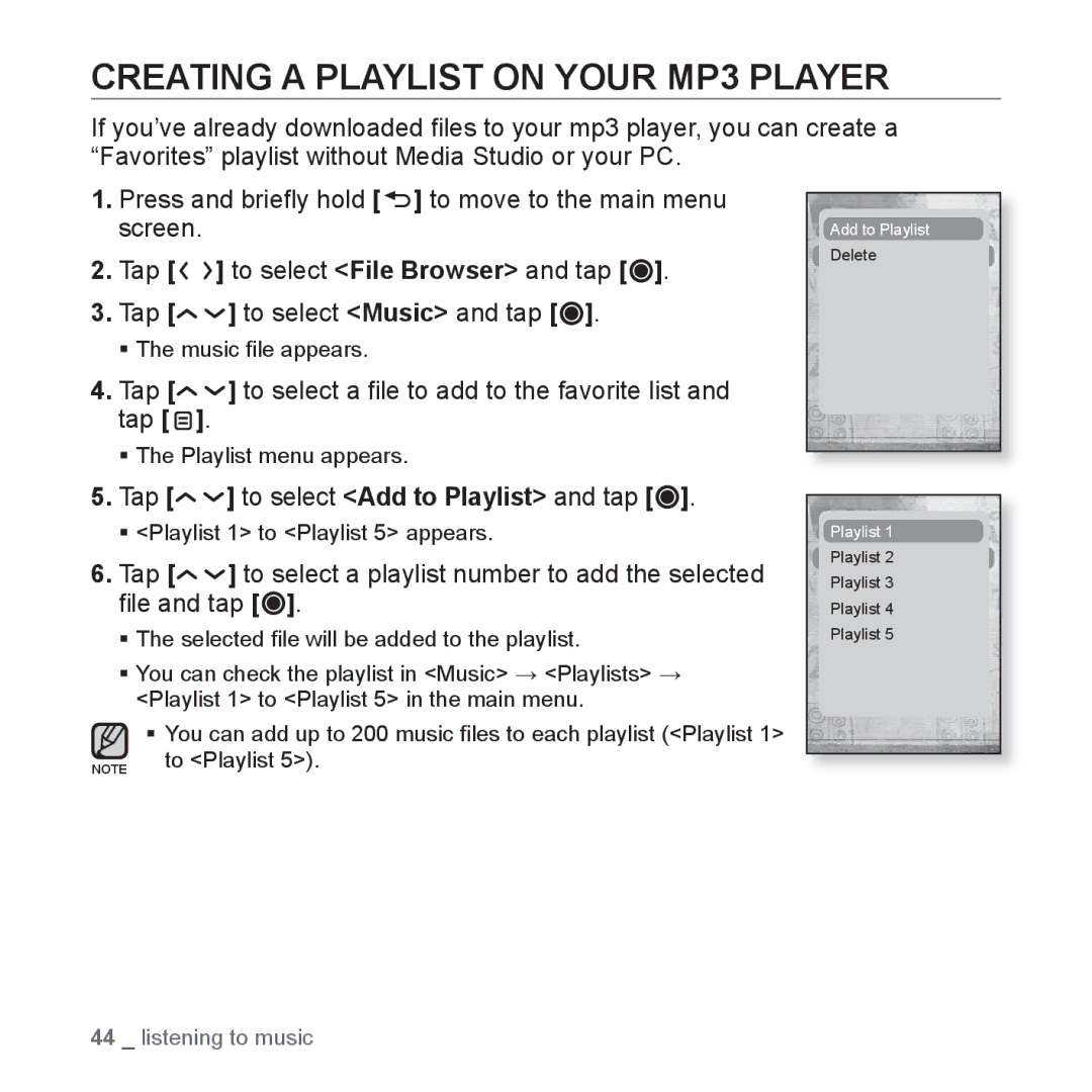 Samsung YP-T10JARY Creating a Playlist on Your MP3 Player, Tap to select a ﬁle to add to the favorite list and tap 