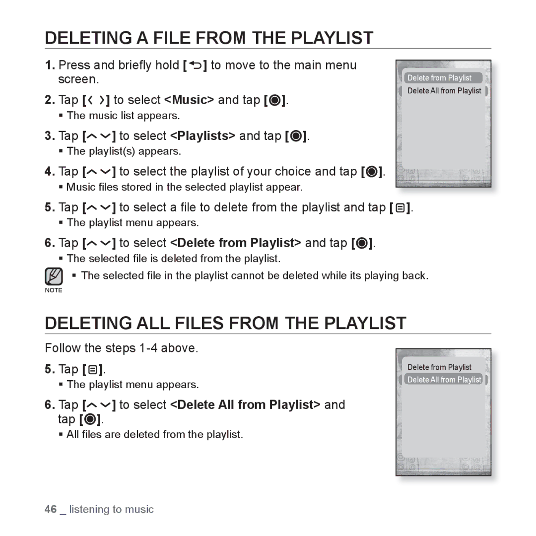 Samsung YP-T10JARY user manual Deleting a File from the Playlist, Deleting ALL Files from the Playlist 