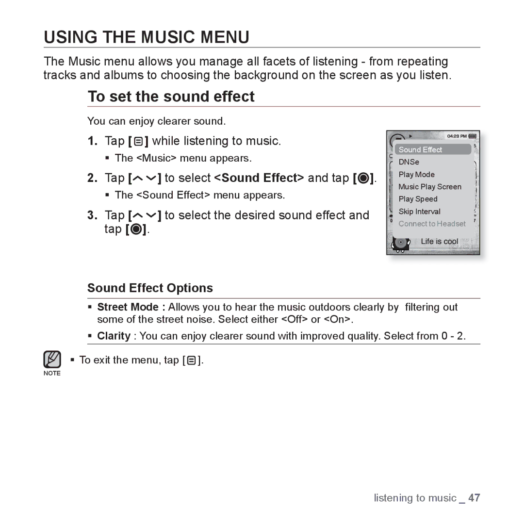 Samsung YP-T10JARY user manual Using the Music Menu, To set the sound effect, Sound Effect Options 