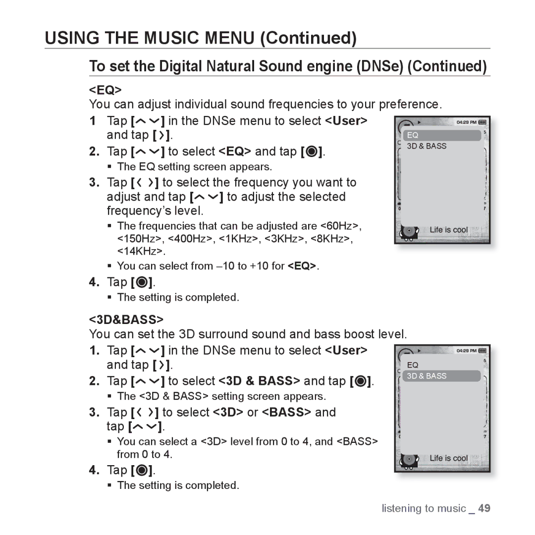 Samsung YP-T10JARY user manual 3D&BASS, Tap to select 3D or Bass and tap 