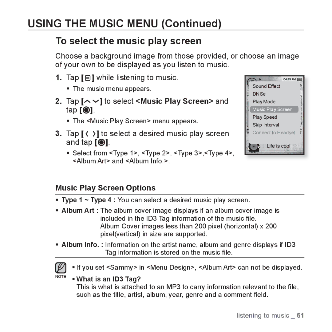 Samsung YP-T10JARY To select the music play screen, Tap to select Music Play Screen and tap, Music Play Screen Options 