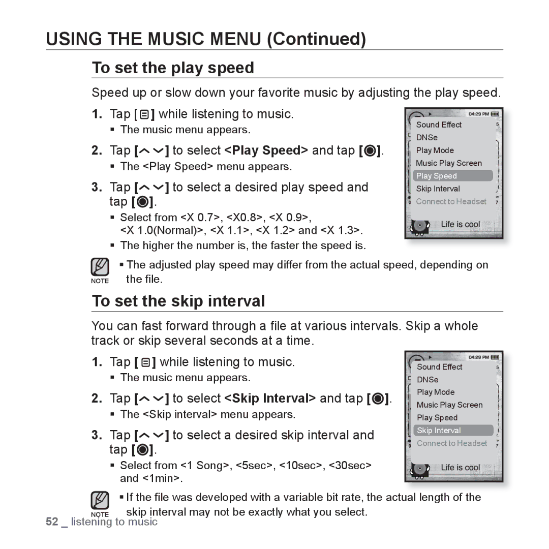 Samsung YP-T10JARY user manual To set the play speed, To set the skip interval, Tap While listening to music 