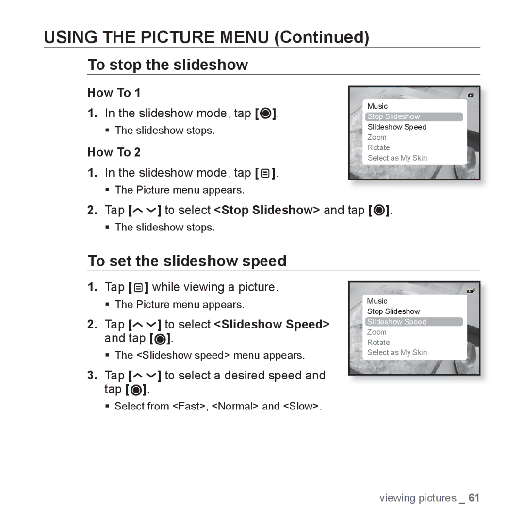 Samsung YP-T10JARY user manual Using the Picture Menu, To stop the slideshow, To set the slideshow speed 