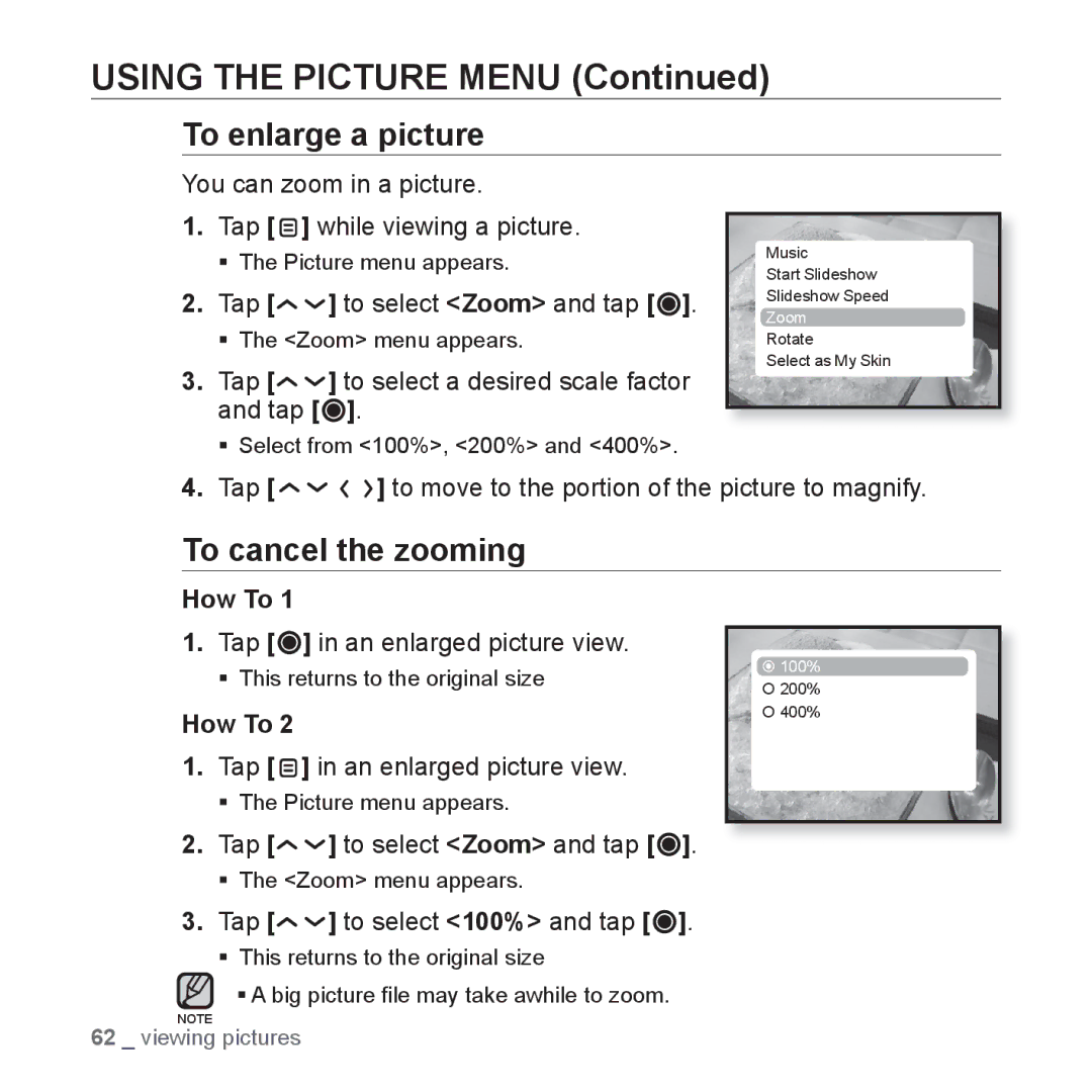 Samsung YP-T10JARY user manual To enlarge a picture, To cancel the zooming 