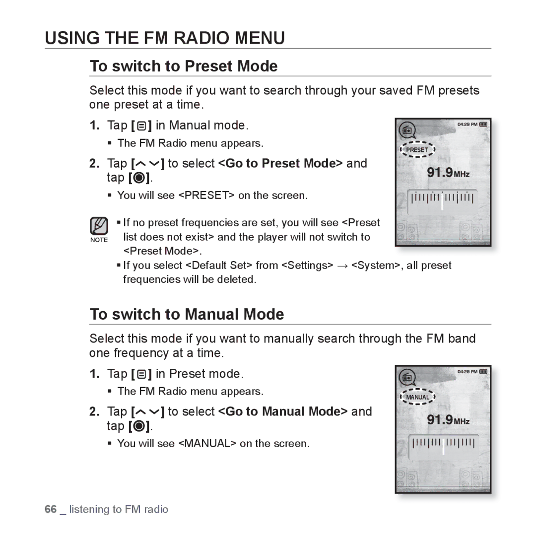 Samsung YP-T10JARY user manual Using the FM Radio Menu, To switch to Preset Mode, To switch to Manual Mode 