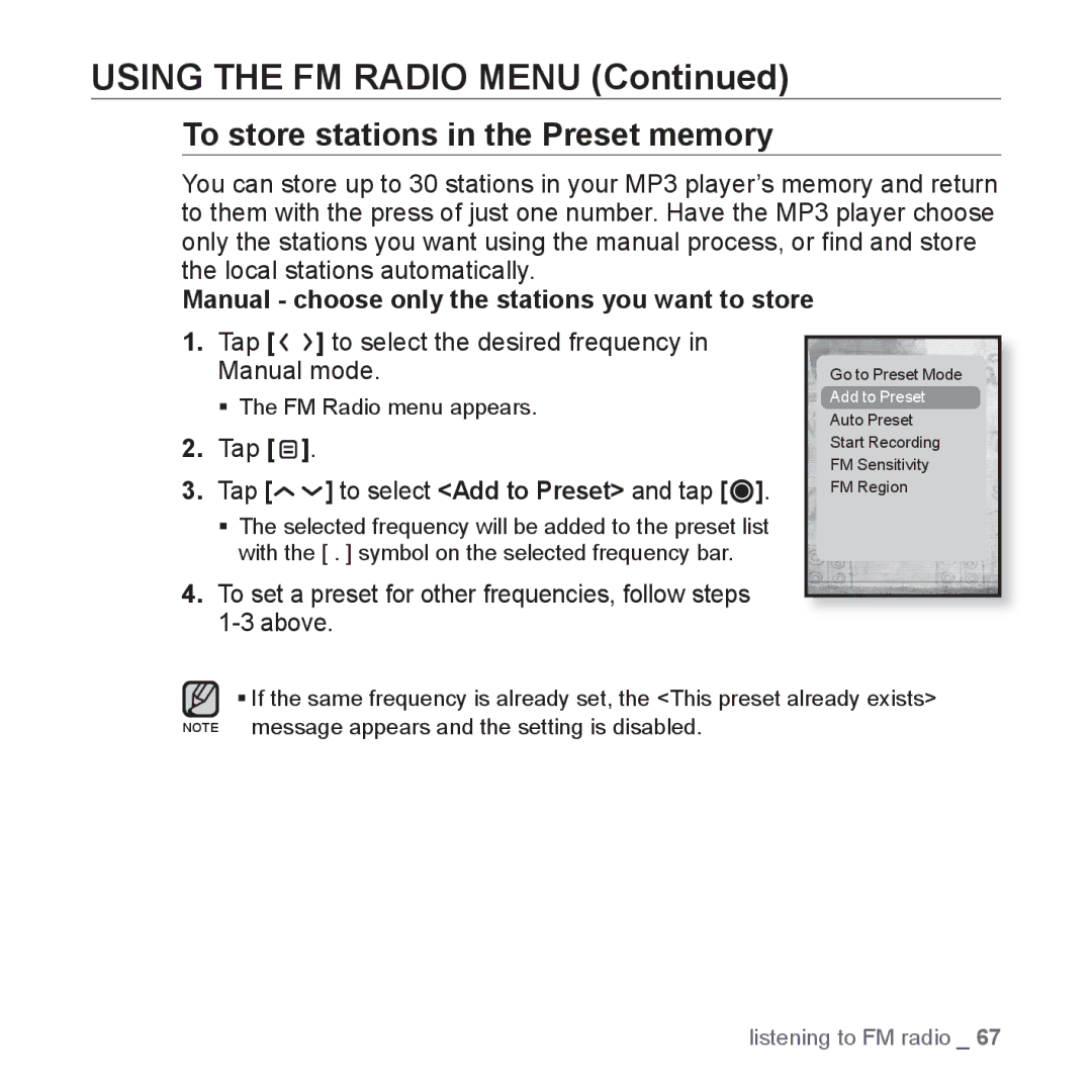 Samsung YP-T10JARY user manual Using the FM Radio Menu, To store stations in the Preset memory 