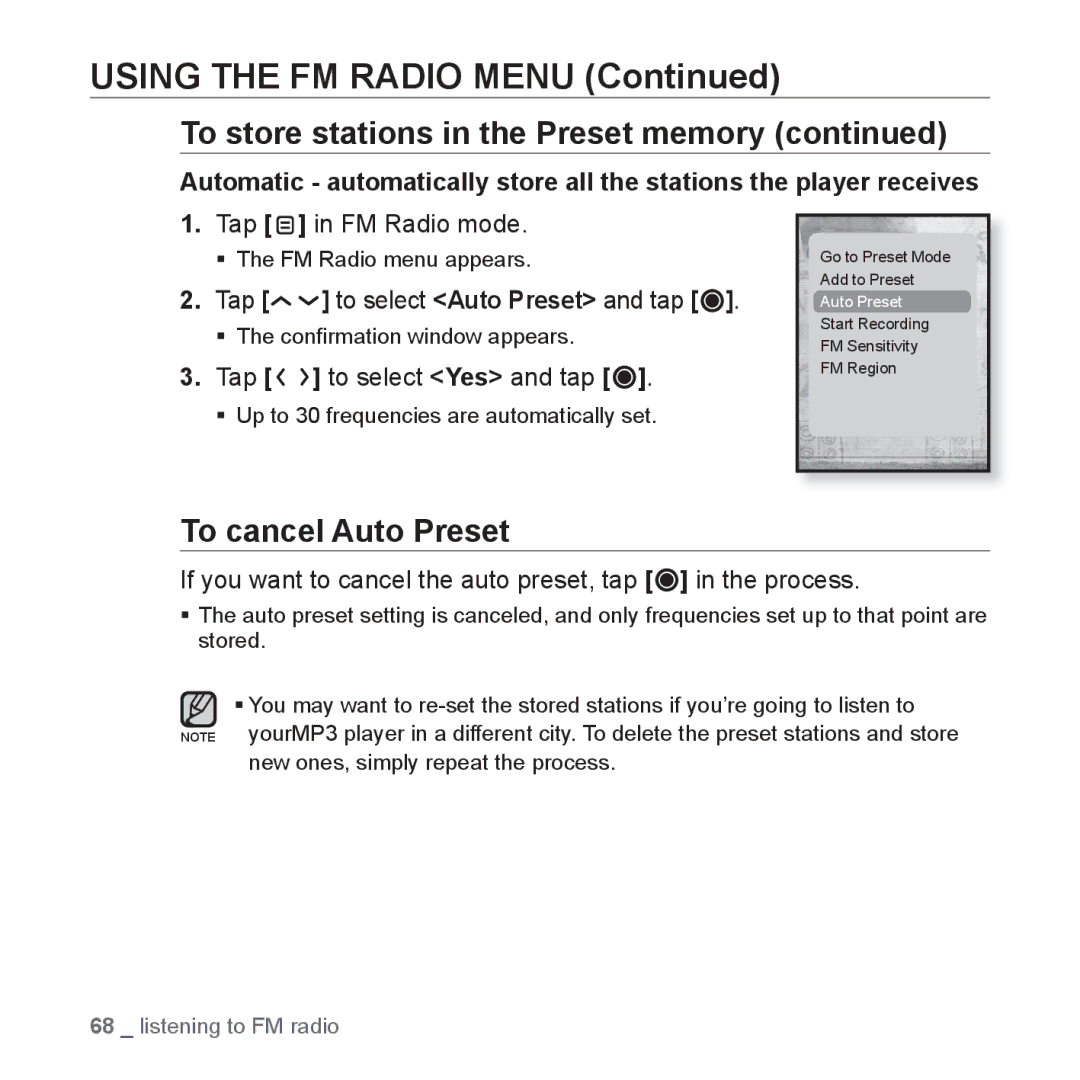 Samsung YP-T10JARY user manual To cancel Auto Preset, Tap in FM Radio mode, Tap to select Auto Preset and tap 