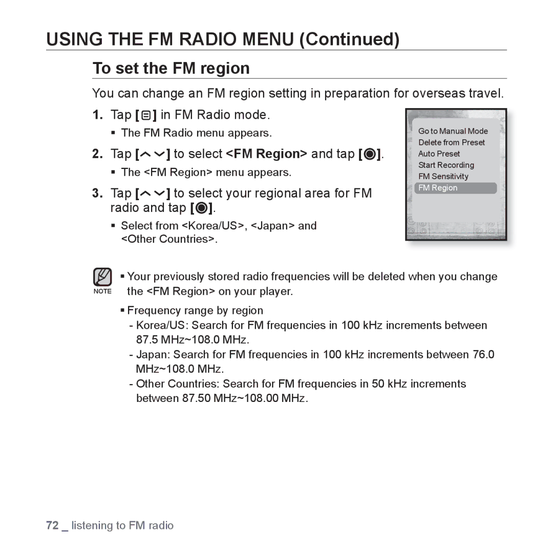 Samsung YP-T10JARY To set the FM region, Tap To select FM Region and tap, Tap To select your regional area for FM 