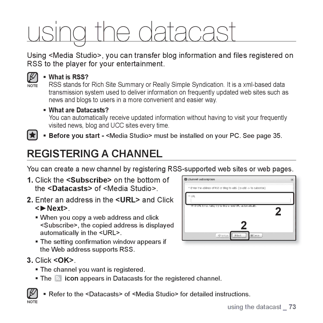 Samsung YP-T10JARY user manual Using the datacast, Registering a Channel, ŹNext, Click OK 