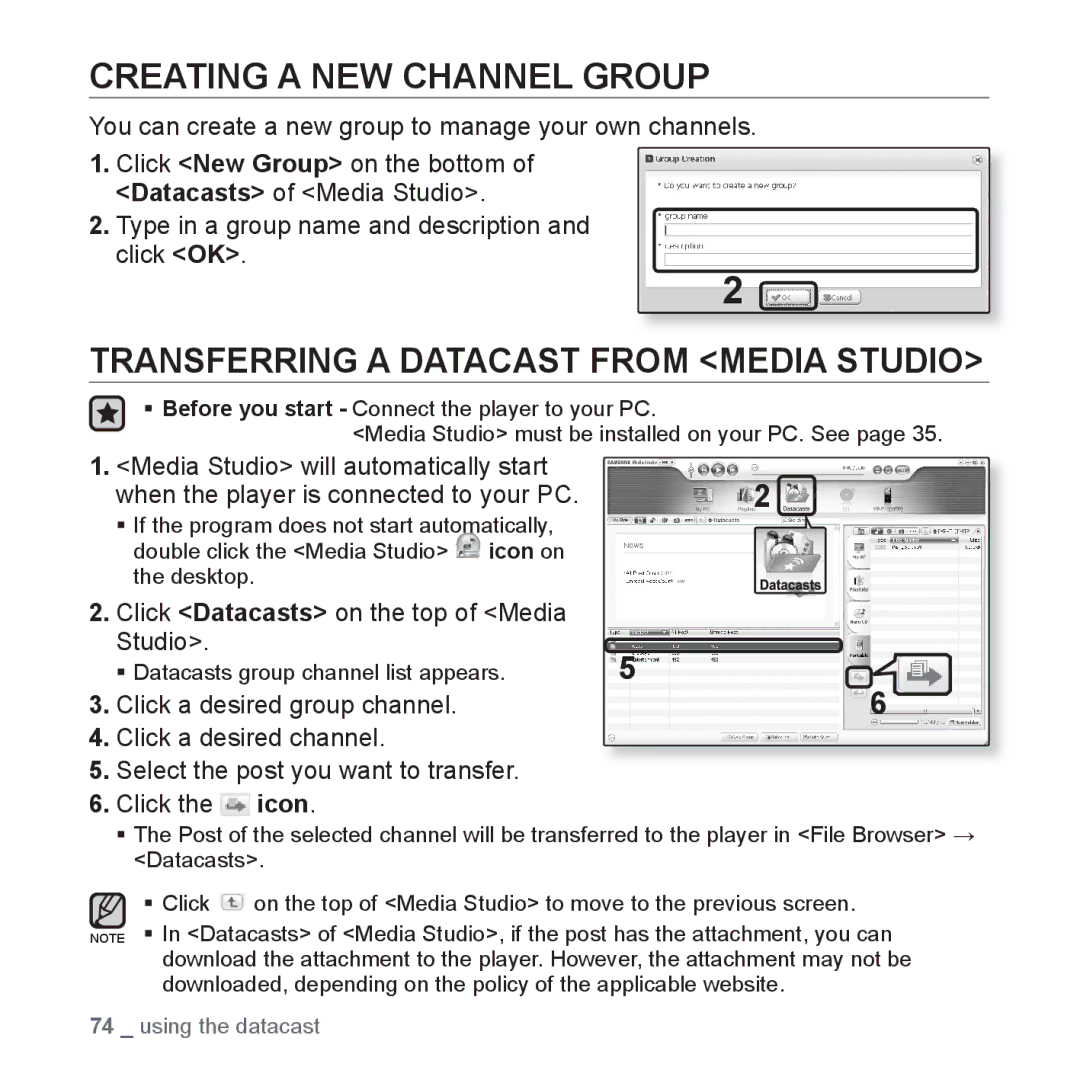 Samsung YP-T10JARY Creating a NEW Channel Group, Transferring a Datacast from Media Studio, Click a desired group channel 