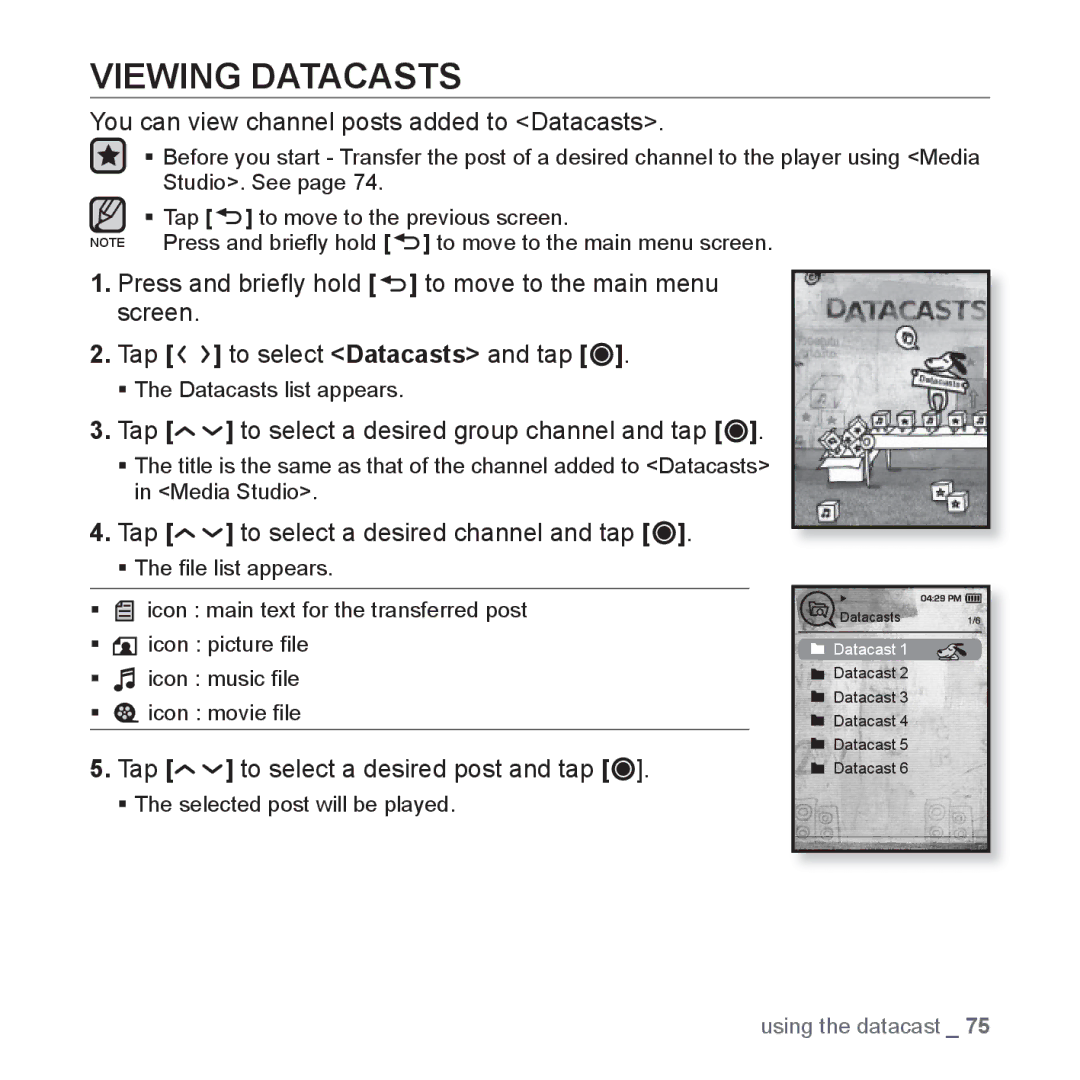 Samsung YP-T10JARY Viewing Datacasts, You can view channel posts added to Datacasts, Tap to select a desired post and tap 