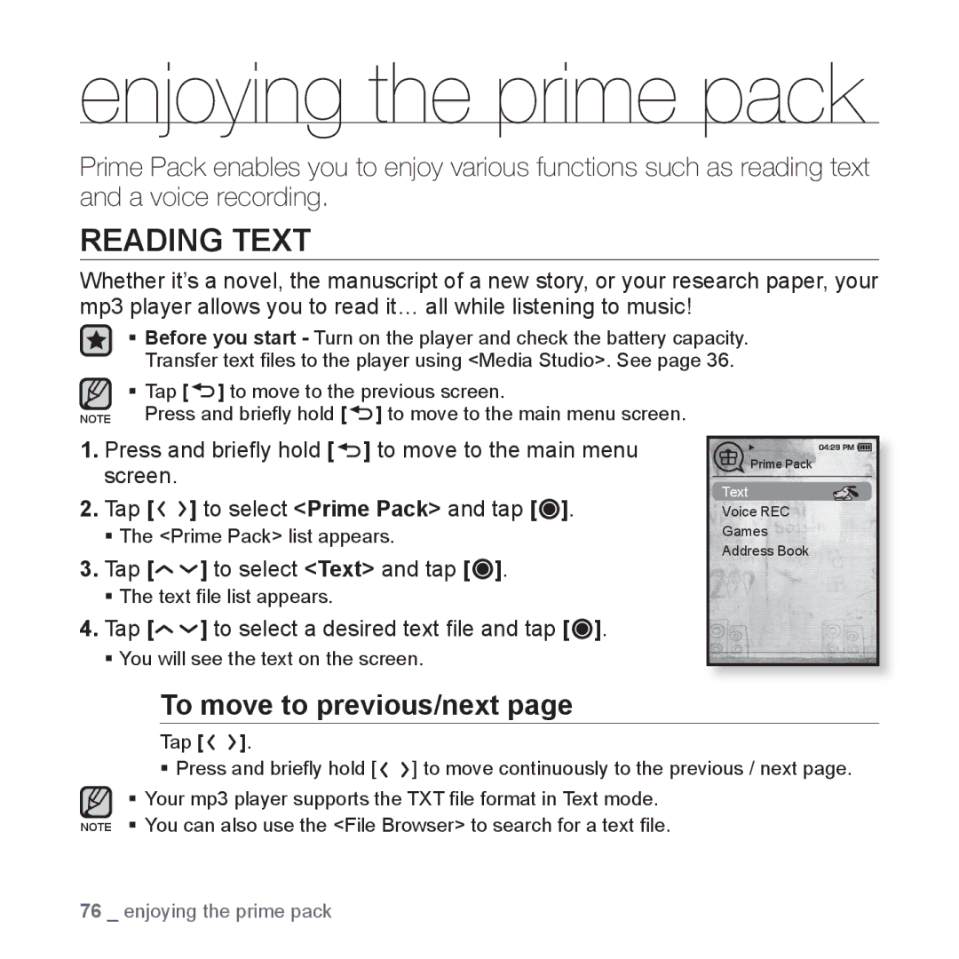 Samsung YP-T10JARY Enjoying the prime pack, Reading Text, To move to previous/next, Tap to select Prime Pack and tap 