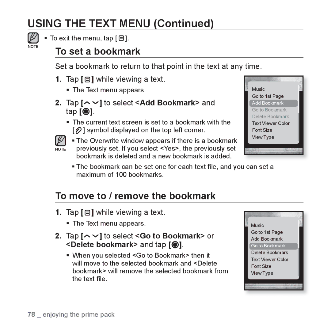 Samsung YP-T10JARY user manual Using the Text Menu, To move to / remove the bookmark 