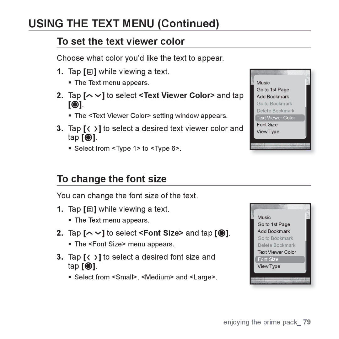 Samsung YP-T10JARY To set the text viewer color, To change the font size, Tap to select Text Viewer Color and tap 