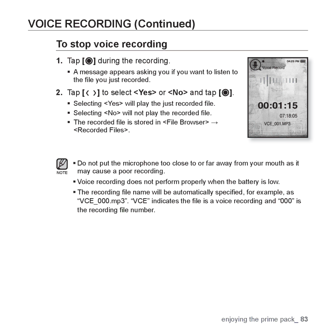 Samsung YP-T10JARY user manual Voice Recording, To stop voice recording 