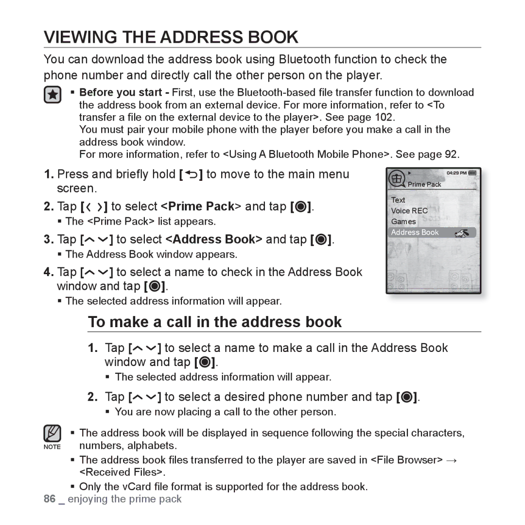 Samsung YP-T10JARY Viewing the Address Book, To make a call in the address book, Tap to select Address Book and tap 