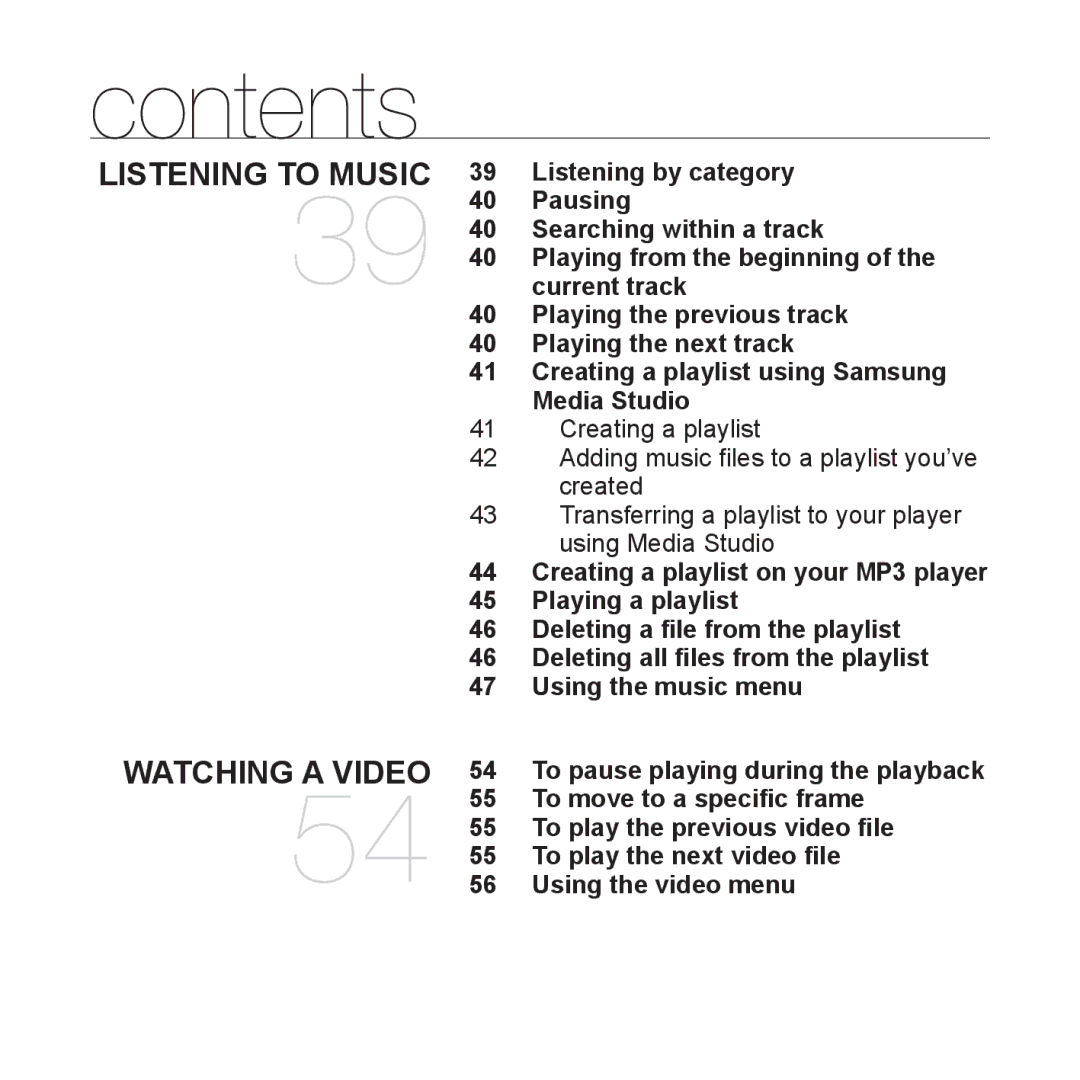 Samsung YP-T10JARY user manual Listening by category, Pausing, Searching within a track, To move to a speciﬁc frame 