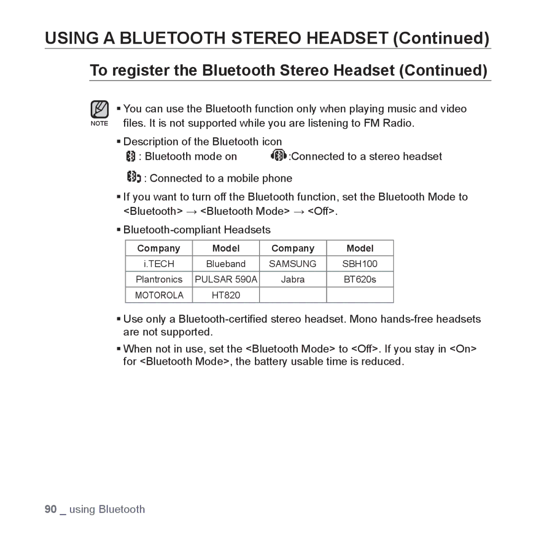 Samsung YP-T10JARY user manual Using a Bluetooth Stereo Headset 