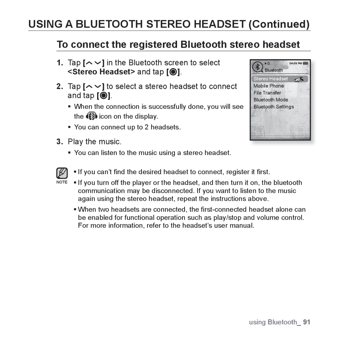 Samsung YP-T10JARY user manual To connect the registered Bluetooth stereo headset, Play the music 