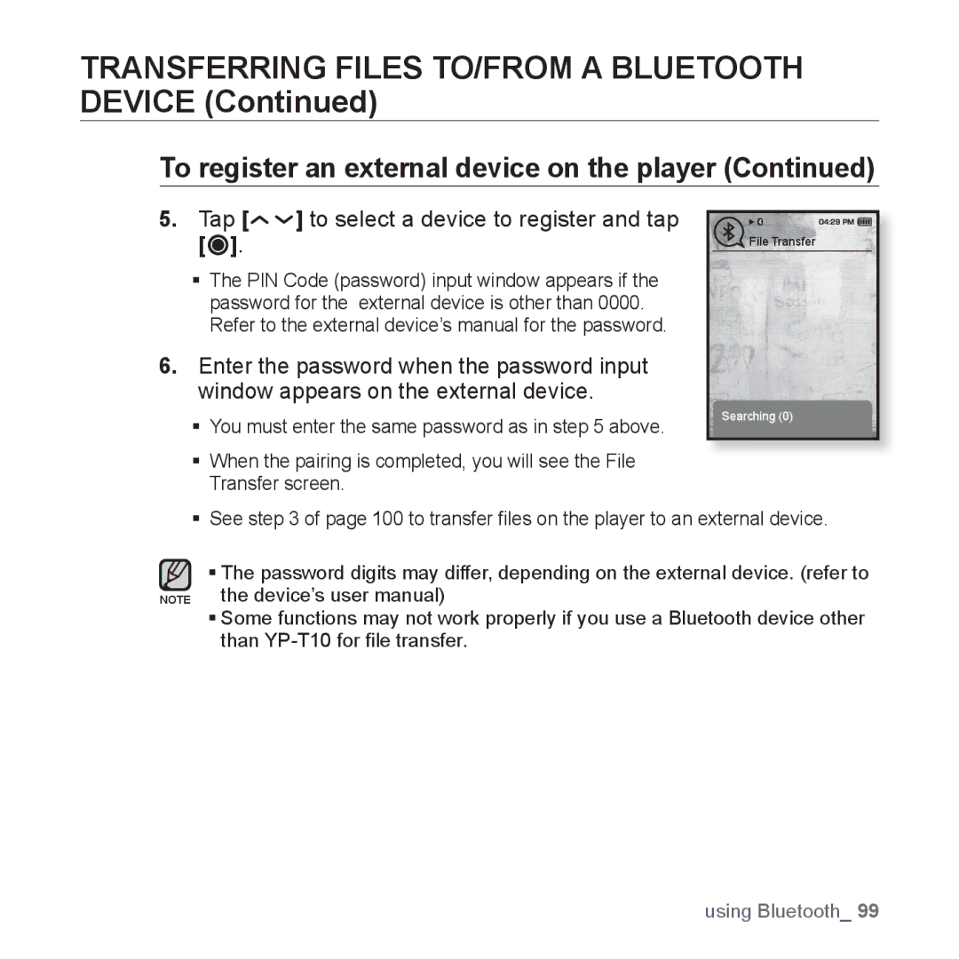 Samsung YP-T10JARY user manual Transferring Files TO/FROM a Bluetooth Device, Tap To select a device to register and tap 