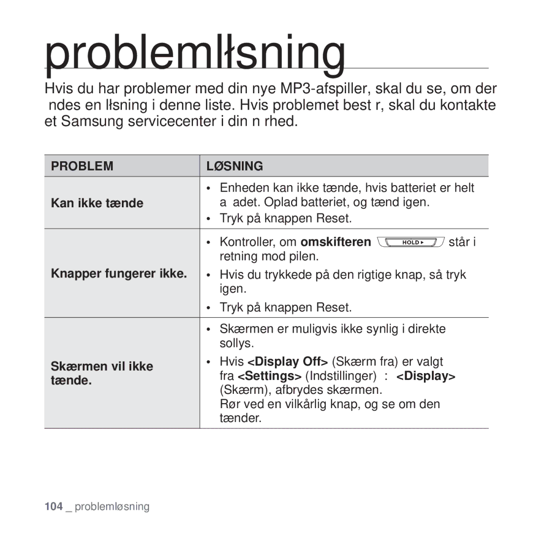 Samsung YP-T10JAG/XEE, YP-T10JAU/XEE, YP-T10JAW/XEE manual Problemløsning, Kan ikke tænde, Skærmen vil ikke, Display, Tænde 