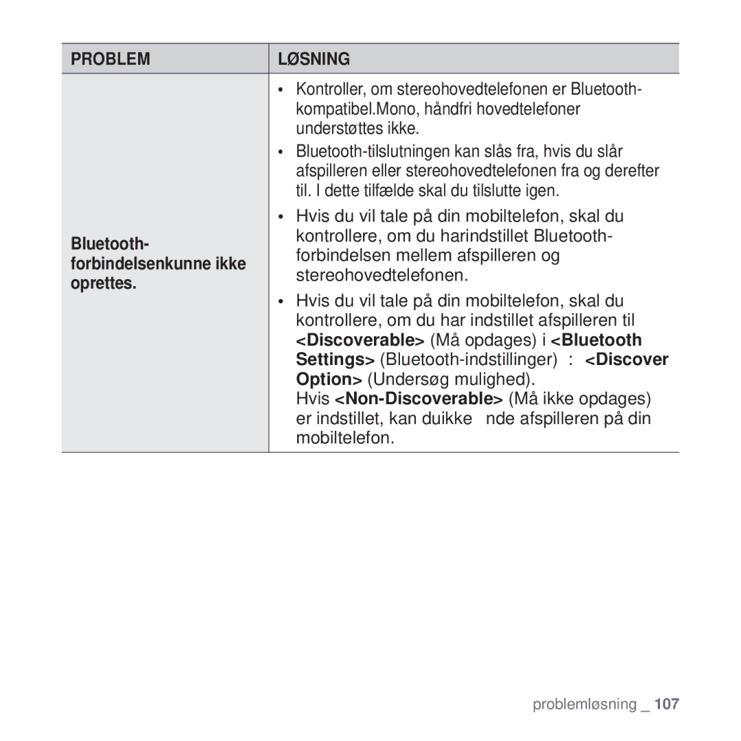 Samsung YP-T10JAB/XEE, YP-T10JAU/XEE, YP-T10JAW/XEE, YP-T10JQW/XEE manual Oprettes, Discoverable Må opdages i Bluetooth 