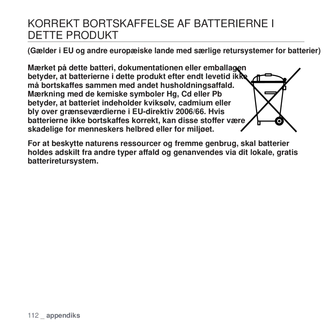 Samsung YP-T10JQB/XEE, YP-T10JAU/XEE, YP-T10JAW/XEE, YP-T10JQW/XEE manual Korrekt Bortskaffelse AF Batterierne I Dette Produkt 