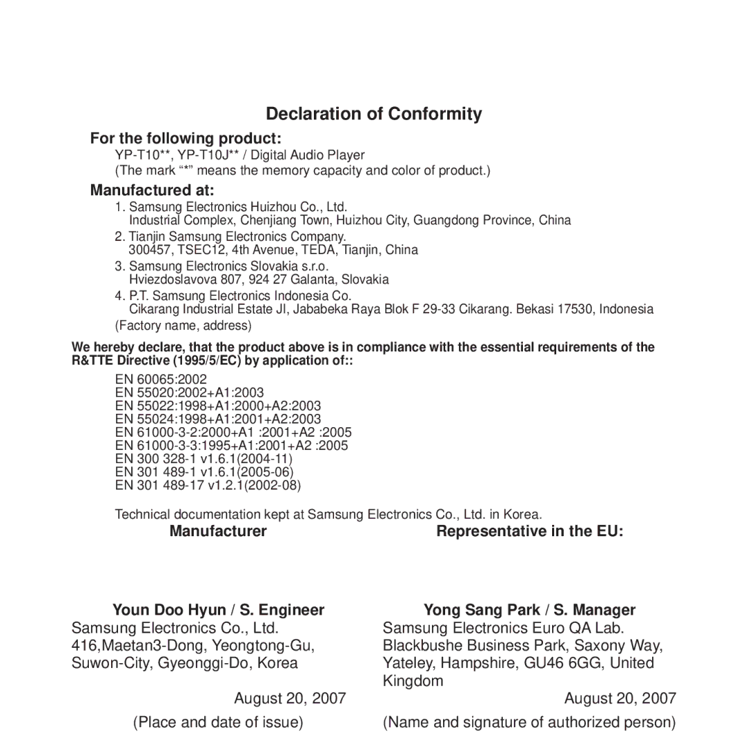 Samsung YP-T10JAG/XEE, YP-T10JAU/XEE, YP-T10JAW/XEE, YP-T10JQW/XEE manual Declaration of Conformity, For the following product 