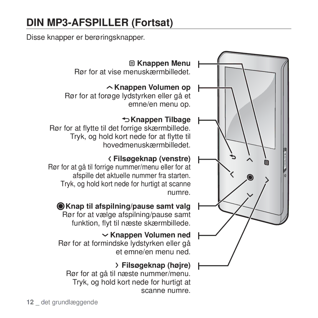 Samsung YP-T10JCB/XEE, YP-T10JAU/XEE manual DIN MP3-AFSPILLER Fortsat, Disse knapper er berøringsknapper, Knappen Menu 