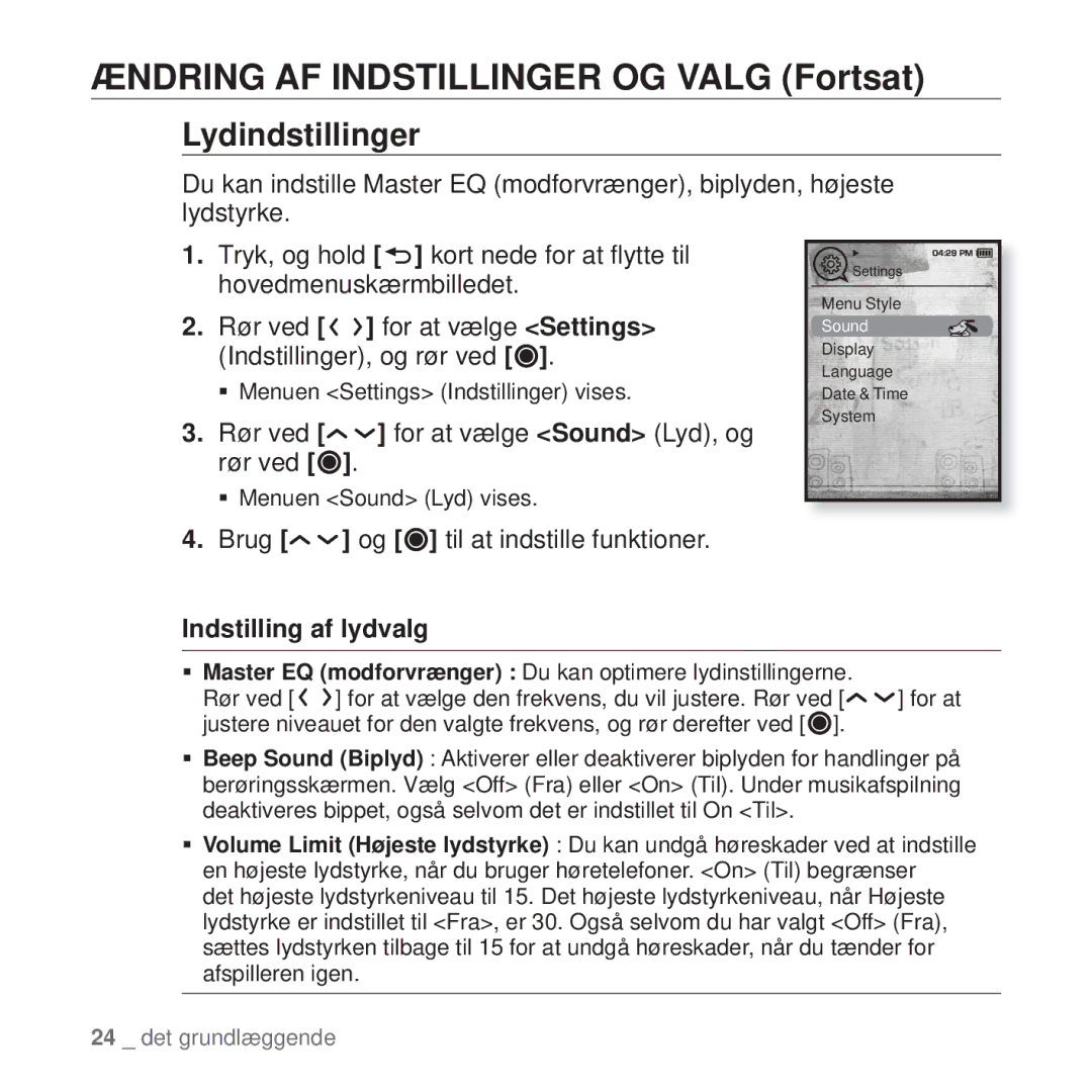 Samsung YP-T10JAR/XEE, YP-T10JAU/XEE Ændring AF Indstillinger OG Valg Fortsat, Lydindstillinger, Indstilling af lydvalg 