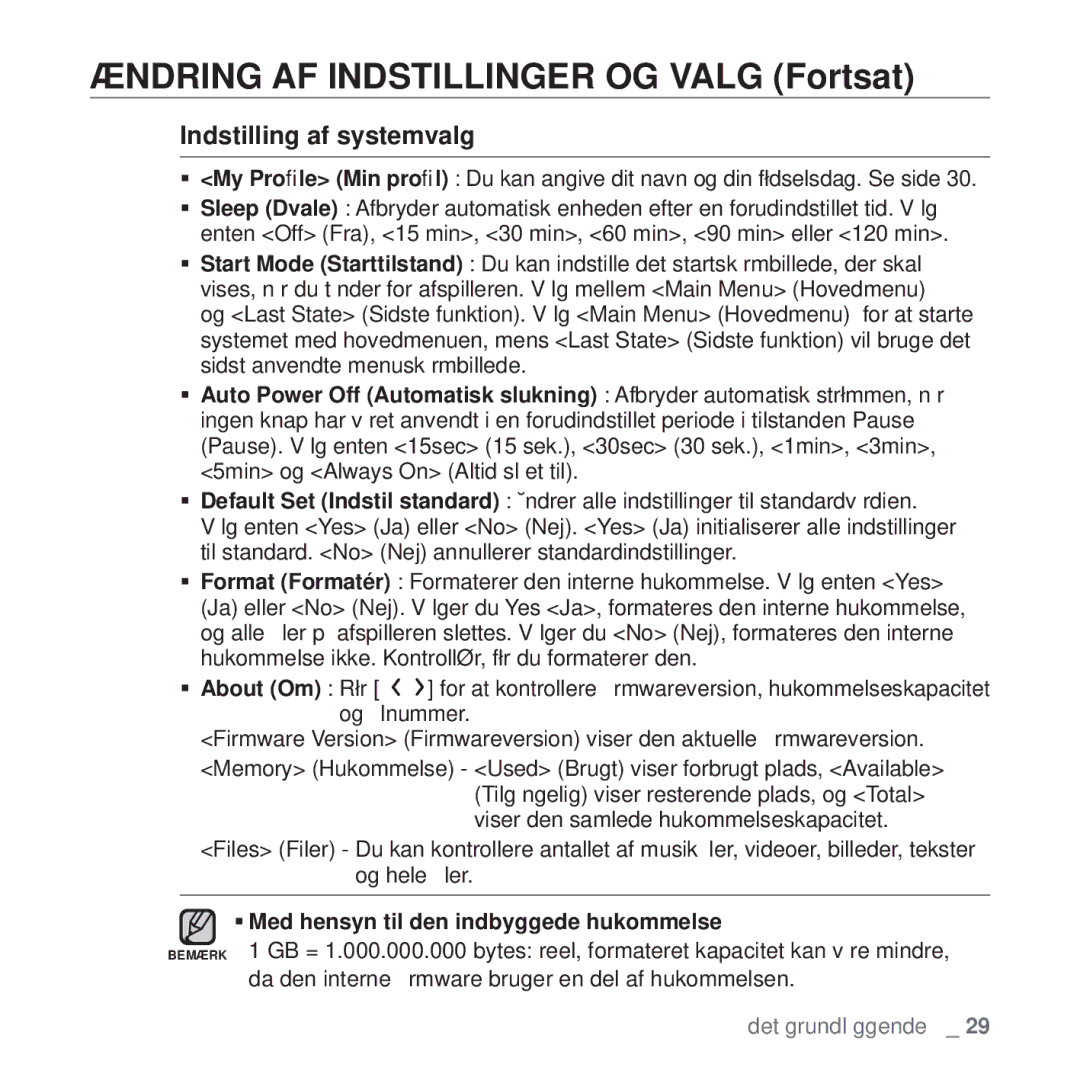 Samsung YP-T10JQW/XEE, YP-T10JAU/XEE, YP-T10JAW/XEE Indstilling af systemvalg, ƒ Med hensyn til den indbyggede hukommelse 