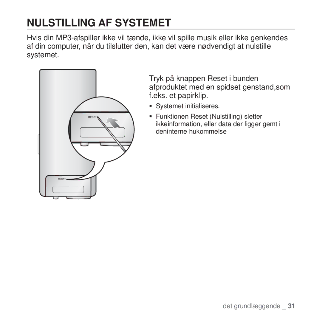 Samsung YP-T10JQB/XEE, YP-T10JAU/XEE, YP-T10JAW/XEE, YP-T10JQW/XEE, YP-T10JCB/XEE, YP-T10JAG/XEE manual Nulstilling AF Systemet 