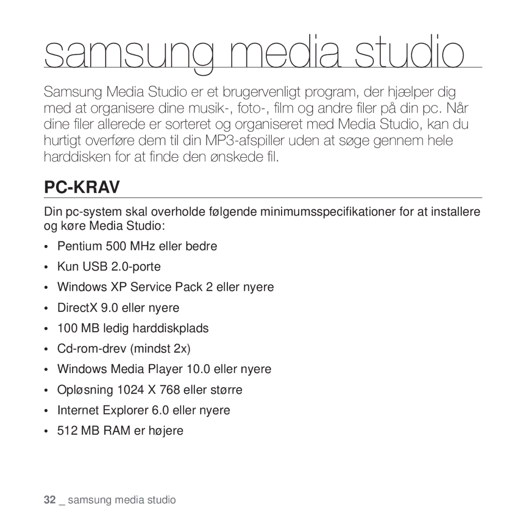 Samsung YP-T10JAG/XEE, YP-T10JAU/XEE, YP-T10JAW/XEE, YP-T10JQW/XEE, YP-T10JCB/XEE, YP-T10JQB/XEE Samsung media studio, Pc-Krav 