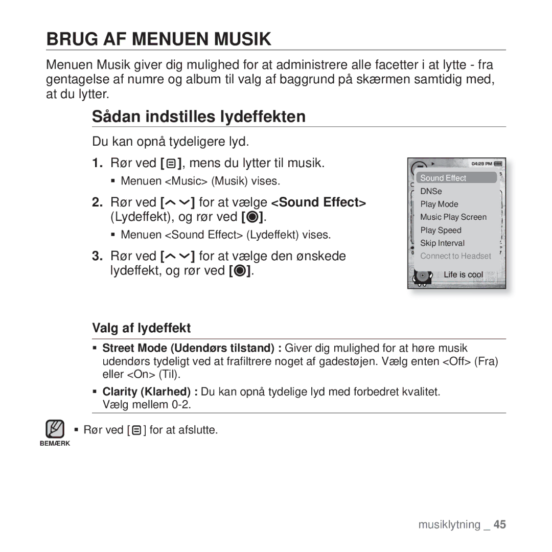 Samsung YP-T10JAU/XEE, YP-T10JAW/XEE, YP-T10JQW/XEE Brug AF Menuen Musik, Sådan indstilles lydeffekten, Valg af lydeffekt 