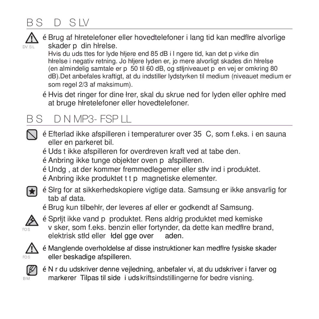 Samsung YP-T10JAG/XEE, YP-T10JAU/XEE, YP-T10JAW/XEE, YP-T10JQW/XEE, YP-T10JCB/XEE, YP-T10JQB/XEE manual Beskyt DIN MP3-AFSPILLER 