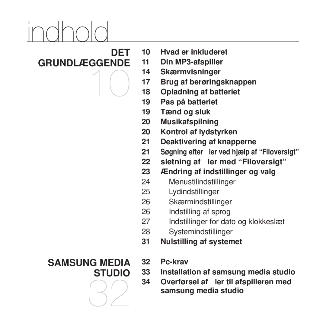 Samsung YP-T10JAR/XEE, YP-T10JAU/XEE, YP-T10JAW/XEE, YP-T10JQW/XEE, YP-T10JCB/XEE, YP-T10JQB/XEE Indhold, Samsung media studio 