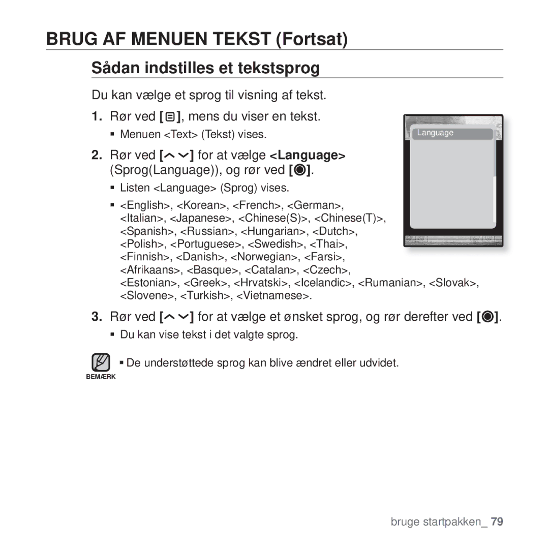 Samsung YP-T10JCW/XEE manual Sådan indstilles et tekstsprog, Rør ved for at vælge Language SprogLanguage, og rør ved 