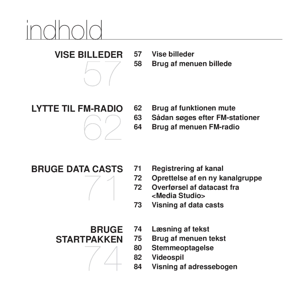 Samsung YP-T10JAB/XEE Vise billeder Brug af menuen billede, Registrering af kanal, Overførsel af datacast fra, Videospil 