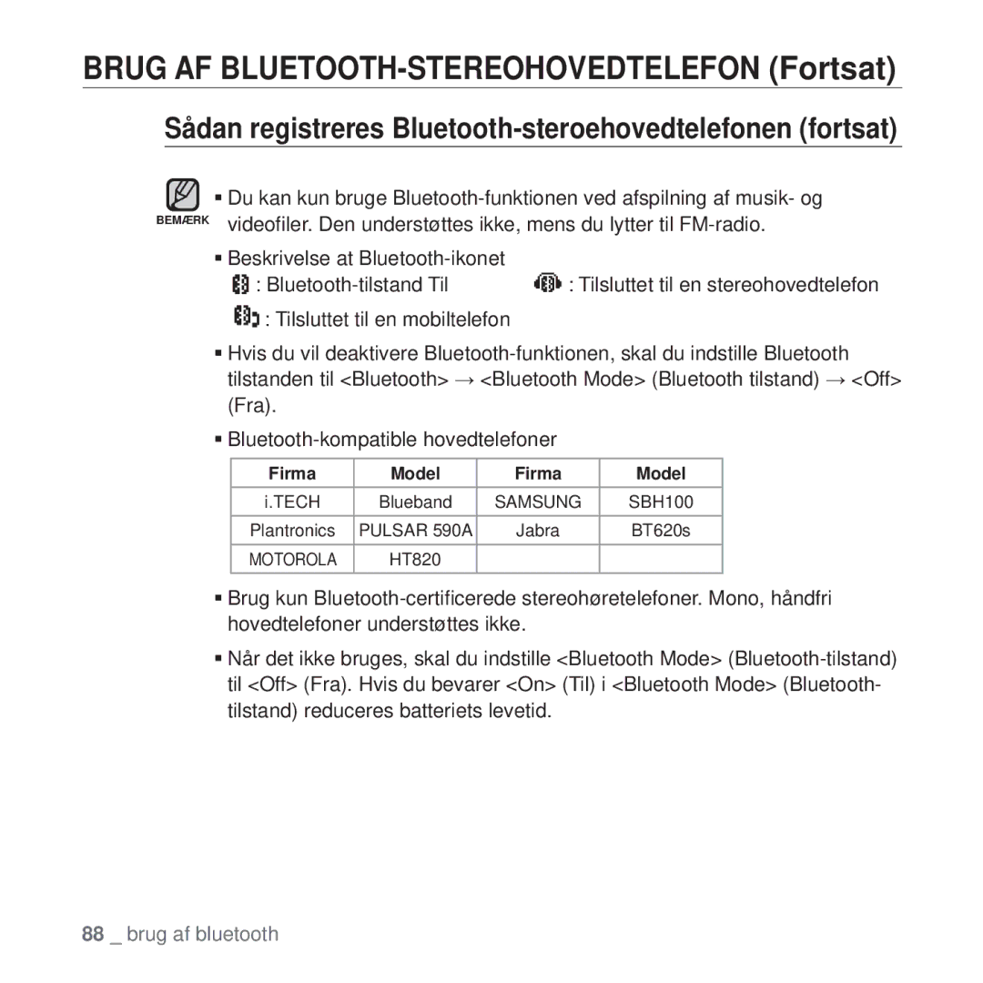 Samsung YP-T10JCW/XEE, YP-T10JAU/XEE, YP-T10JAW/XEE, YP-T10JQW/XEE manual Brug AF BLUETOOTH-STEREOHOVEDTELEFON Fortsat 