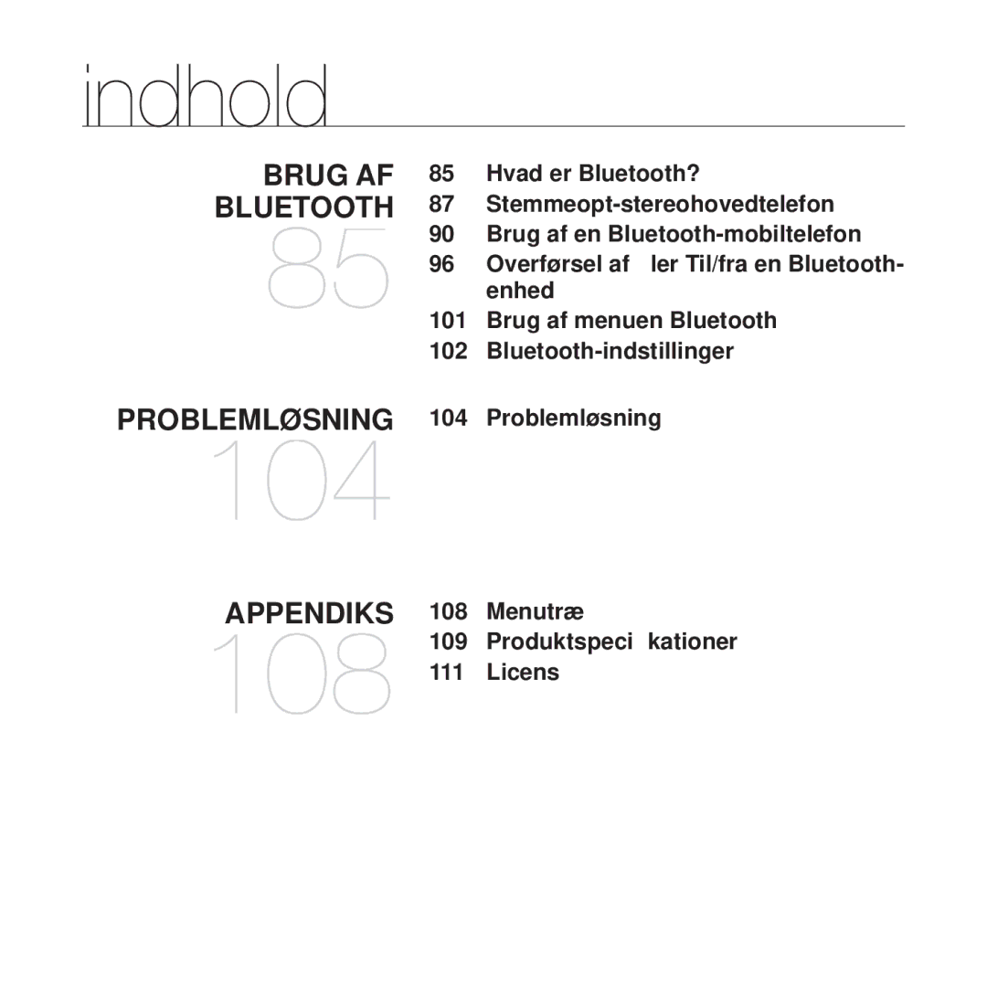 Samsung YP-T10JAU/XEE, YP-T10JAW/XEE, YP-T10JQW/XEE, YP-T10JCB/XEE, YP-T10JQB/XEE manual Problemløsning, Menutræ, 109, Licens 